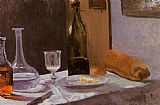 Wine Canvas Paintings - Still Life with Bottles Carafe Bread and Wine